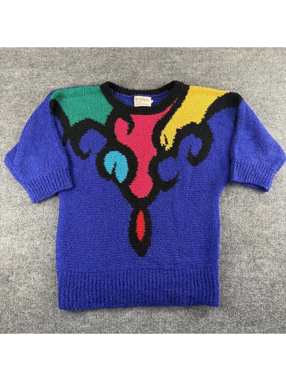 VTG 1980's Beldoch Popper Sweater Abstract Geometric Knit 3/4 sleeves Colorblock